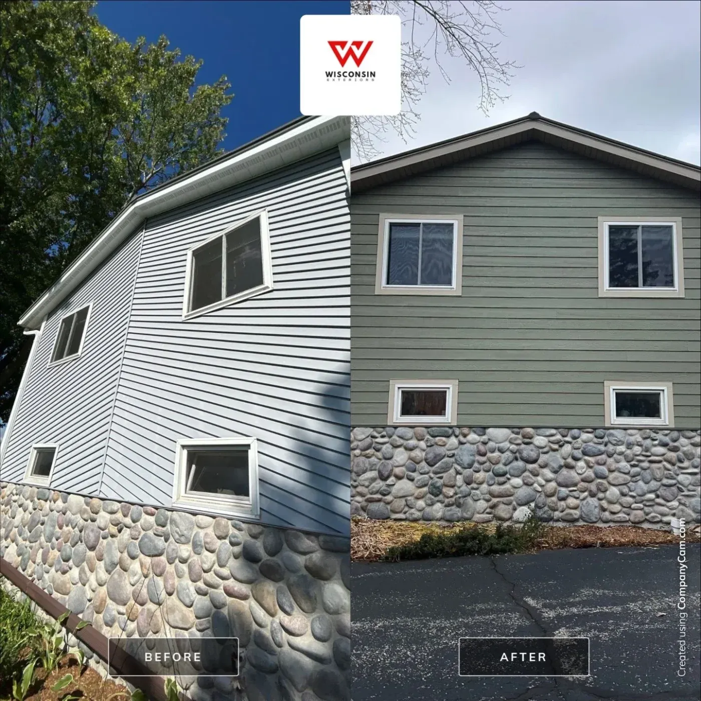 A before and after photo of the same home, combined into one image. On the left, a multi-story home has pale gray siding and a natural stone strip at the bottom of the home. In the right photo, the gray siding has been replaced with a darker gray siding w