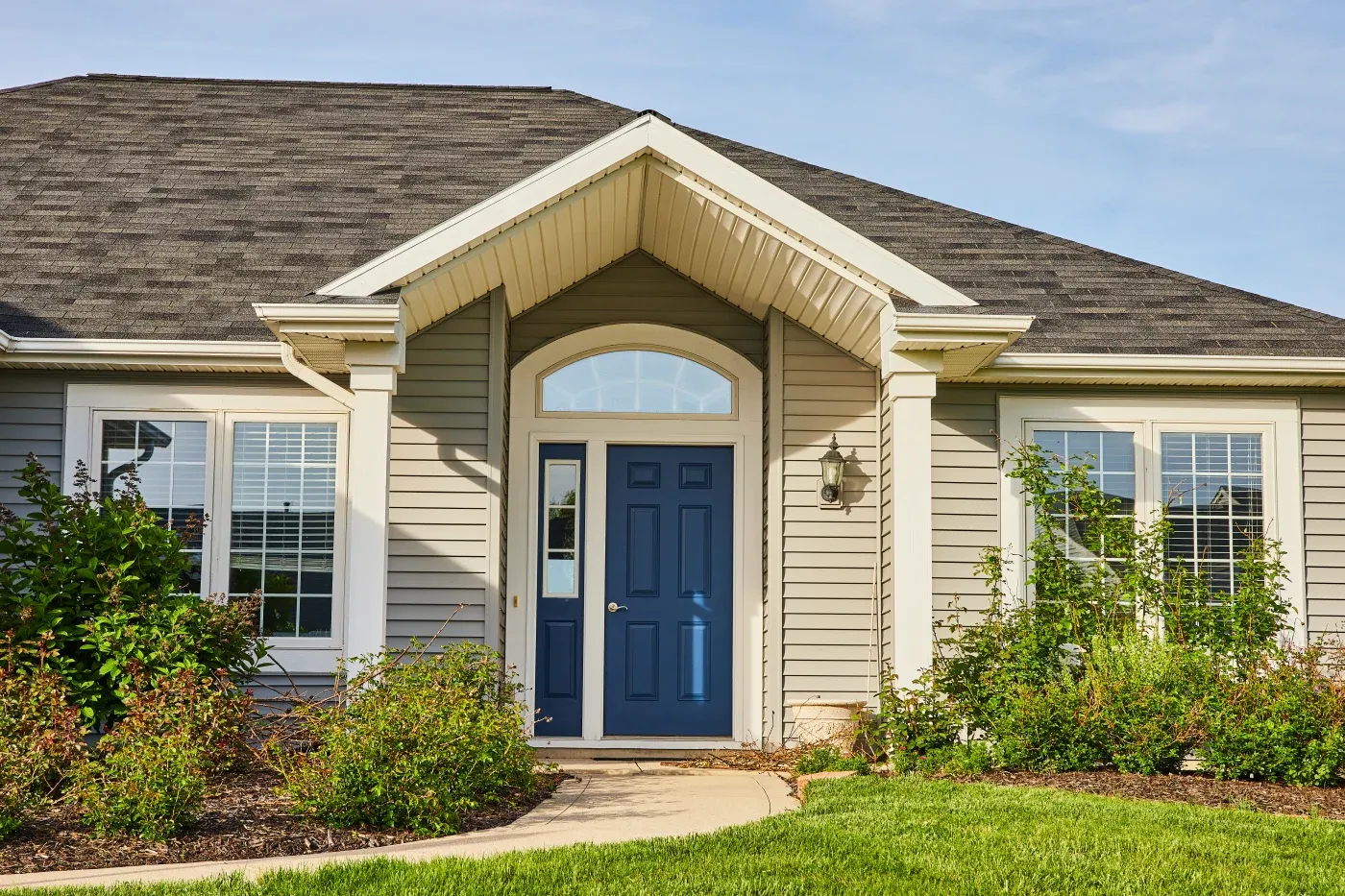 Gray Siding House Blue Front Door, Arch Entryway, Slate Gray Che