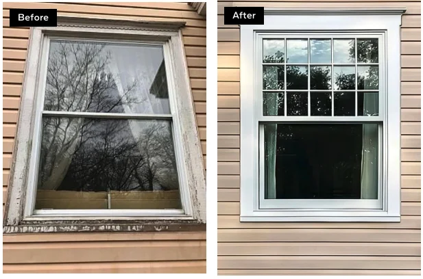 Window FAQs | Kaukauna | Wisconsin Exteriors Before and after image of high-efficiency vinyl windows installed by Wisconsin Exteriors on a Kaukauna home
