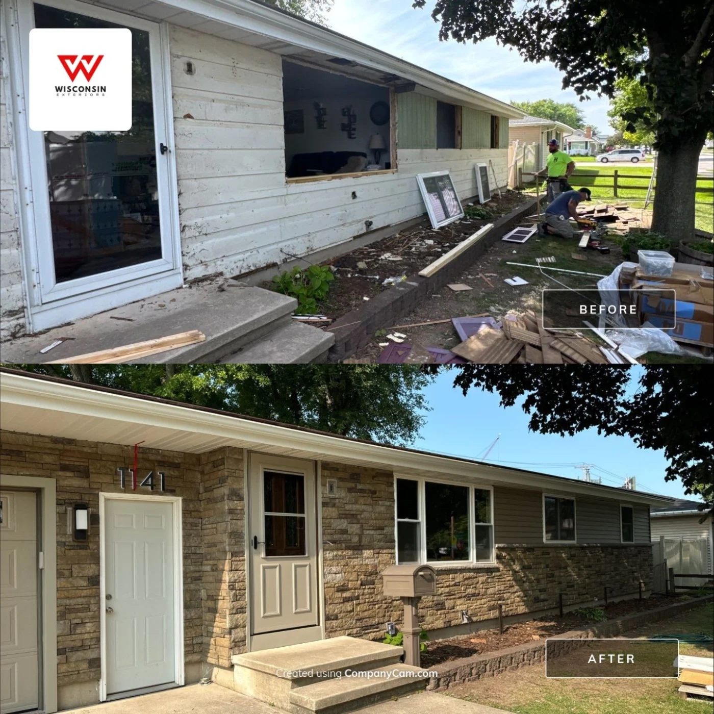 Proven Roofing & Exterior Products | Wisconsin Exteriors | Kaukauna Wisconsin Before and after image of house with new stone siding installed by Wisconsin Exteriors