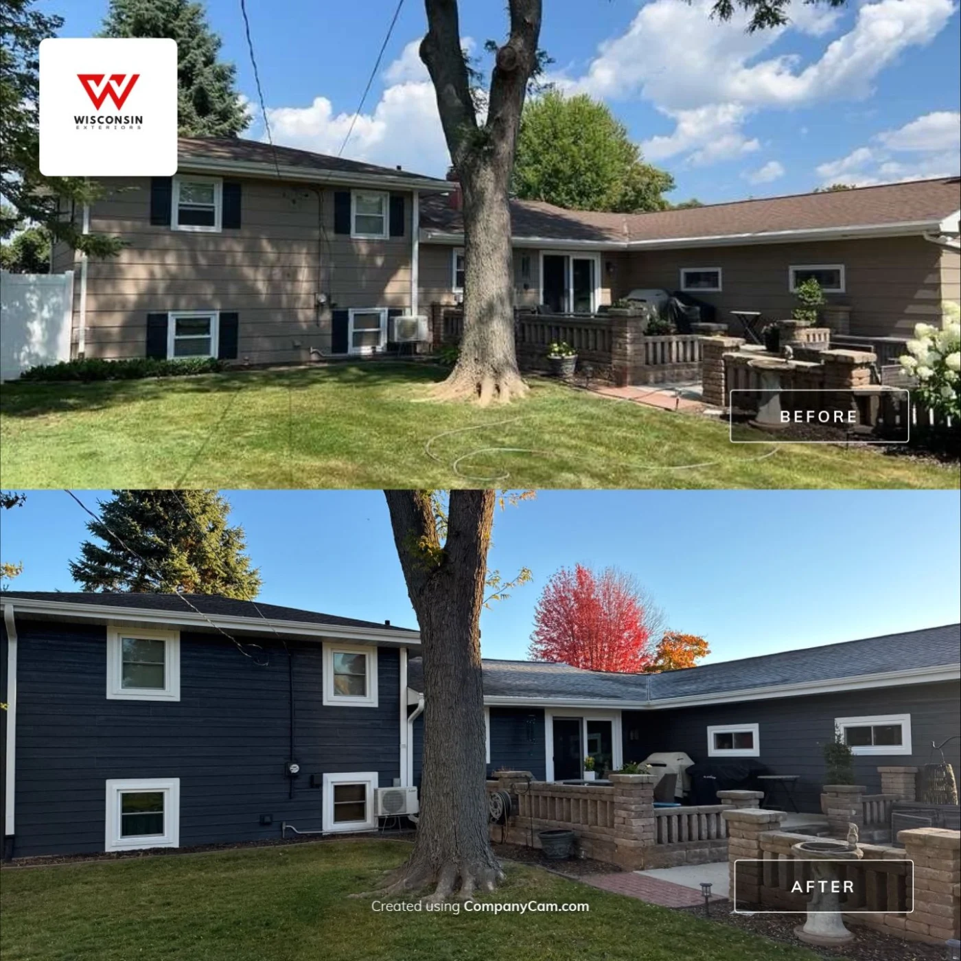 Strong Manufacturer Warranty | Wisconsin Exteriors |Kaukauna Wisconsin Before and after image of new home siding installed by Wisconsin Exteriors