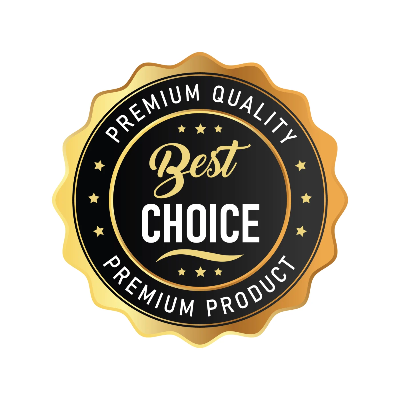 Premium Quality Best Choice Award Logo Template For Outstanding Products In Black And Gold Design A black circle surrounded by a gold design that says Premium Quality on the top and bottom, three stars on the sides outside a gold ring and an inner black circle that says Best Choice.