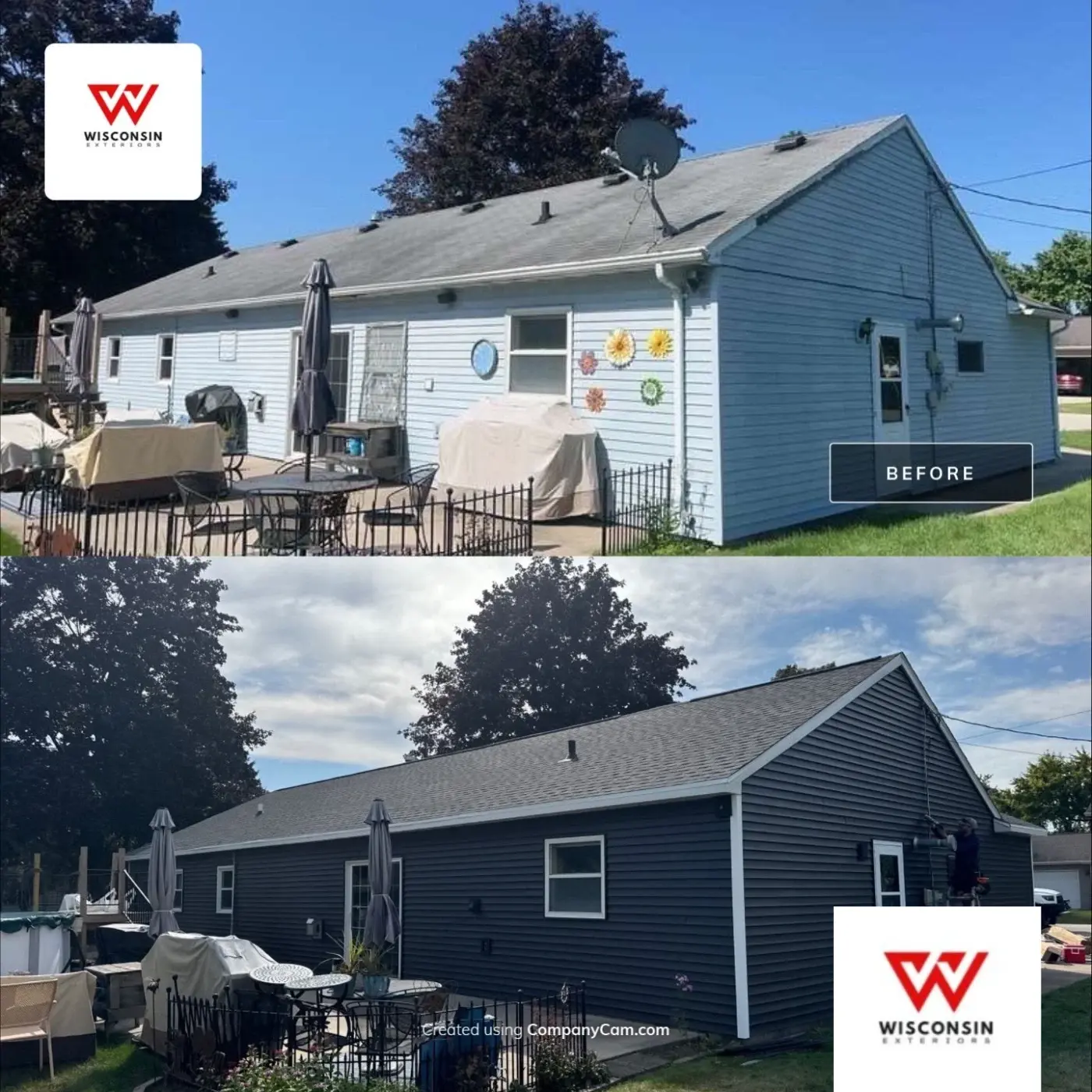 Trusted Siding Replacement | Kaukauna | Wisconsin Exteriors Before and after of new siding installed by Wisconsin Exteriors on a Kaukauna home