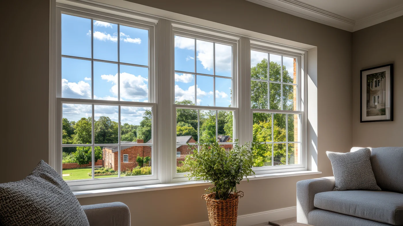 Double Glazed Energy Efficient Windows Being Installed In A Family Home, Highlighting Sustainable Living Upgrades. Double Glazed Energy Efficient Windows Being Installed In A Family Home, Highlighting Sustainable Living Upgrades.